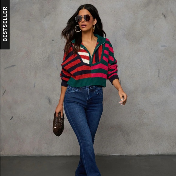 Vici Snuggle Up Quarter Zip Sweater Stripe Sweater Size Small Red Black Green - Picture 3 of 10